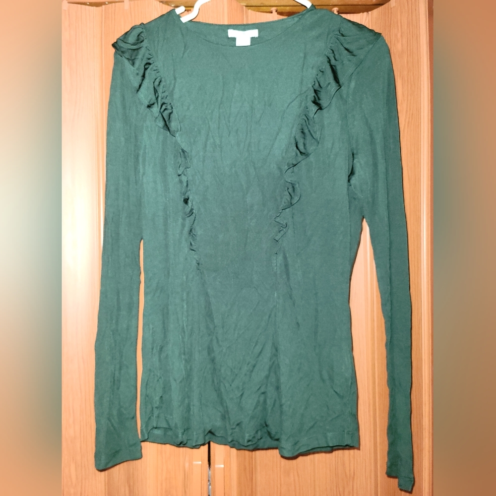 H&M Long Sleeve Ruffle Viscose Top - Hunter Green, Sz: L
